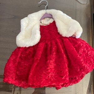 Cat & Jack 3-6 mth red dress w/white fur vest & diaper cover worn only once